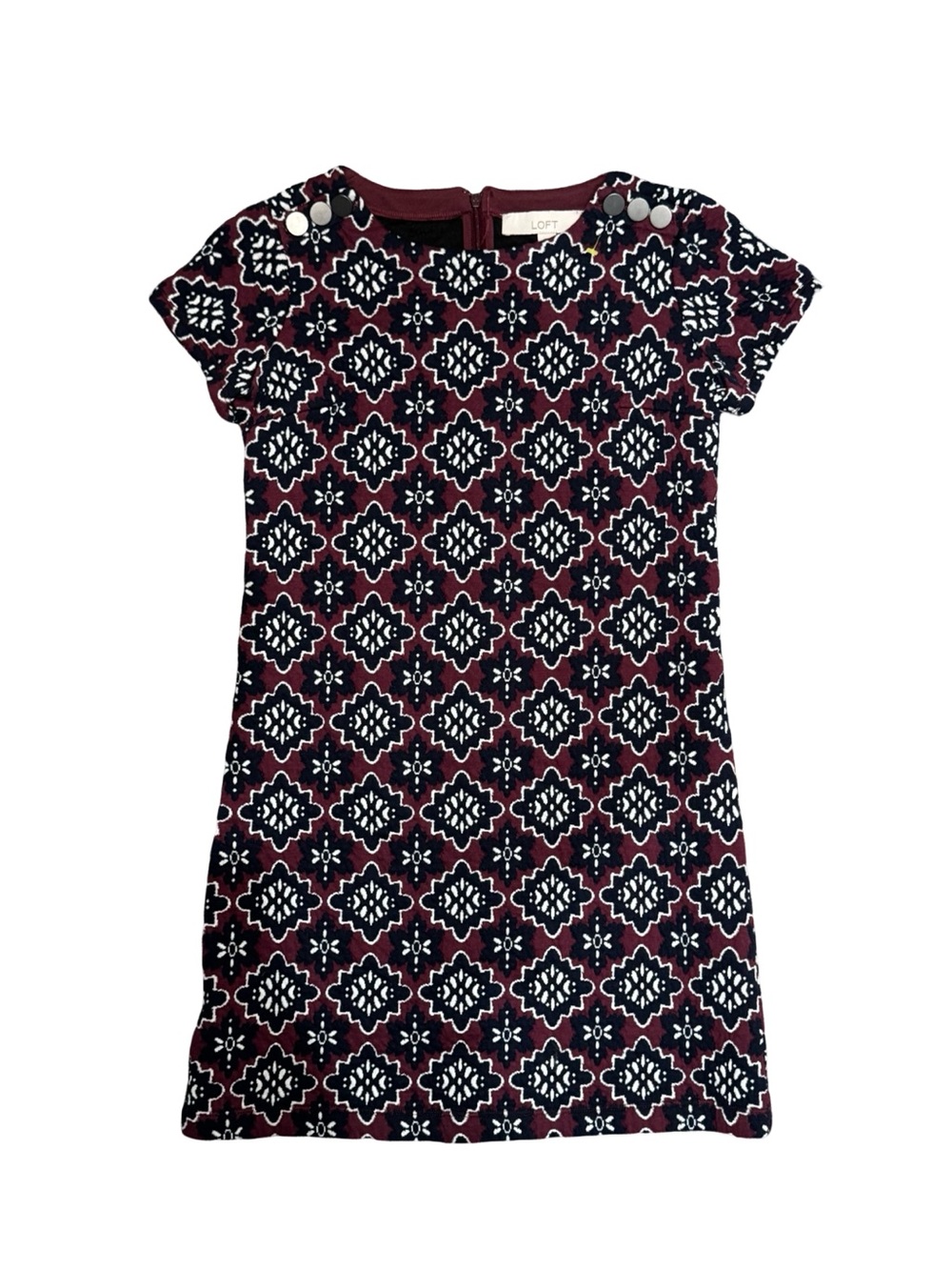 🌹 LOFT Petite Jacquard Burgundy Patterned‎ Short Sleeve Dress 🌹